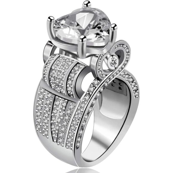 🆕 Women Silver Cubic Zirconia Ring Platinum Big Love Heart Statement Engagement - Picture 1 of 7